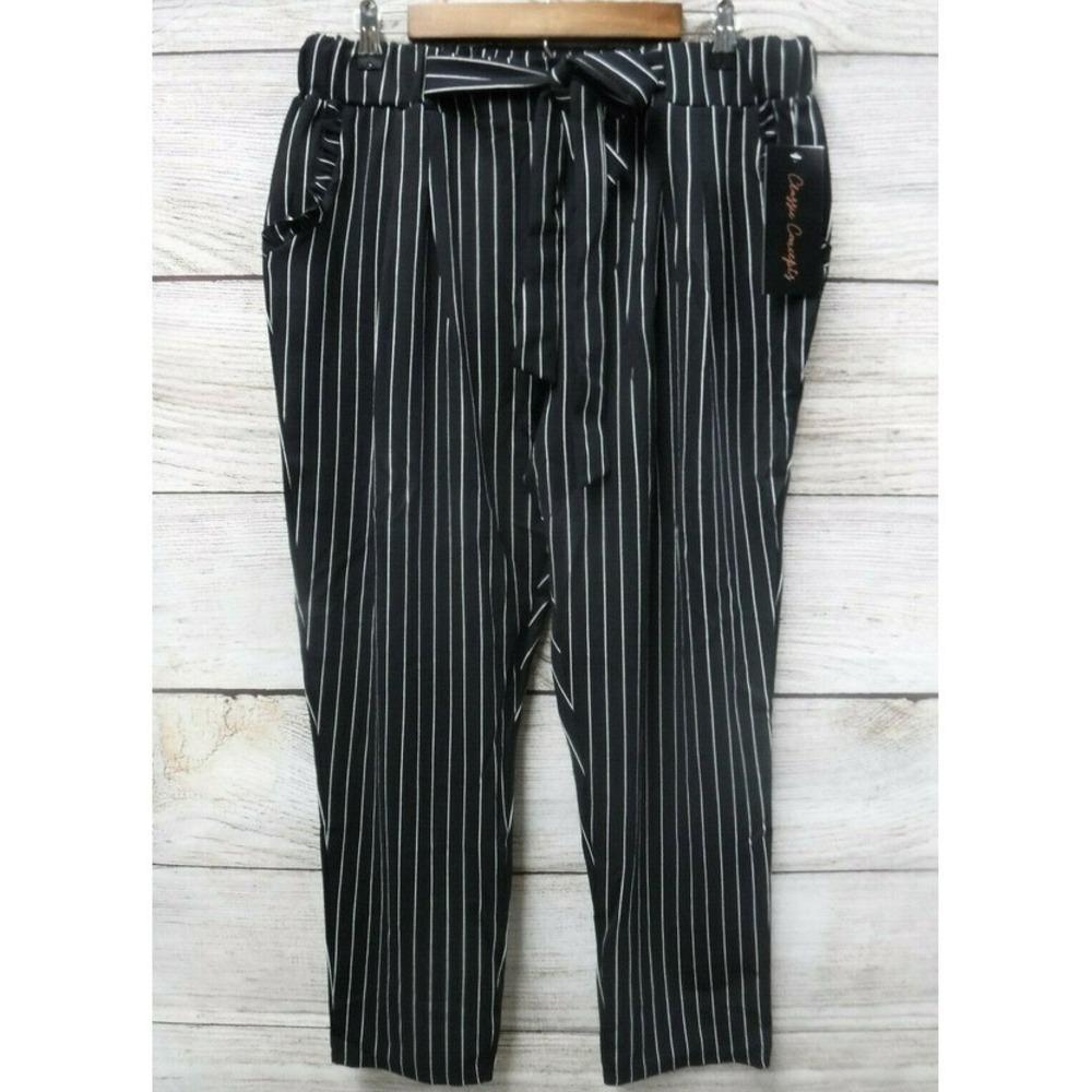 Classic Concepts Pants Womens 1X Black Striped Ruffle Tie Ankle New Mis Tagged